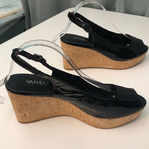 VANELi Sandals Womens 8M Black Patent Peep Toe Slingback Cork Wedge 3.5 inch - Picture 3 of 8